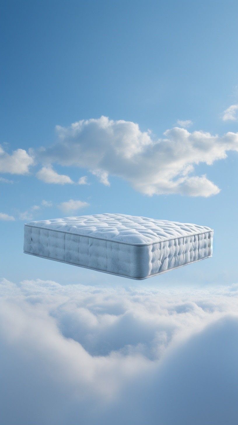 Matelas moelleux flottant au-dessus d'un lit de nuages dans un ciel bleu