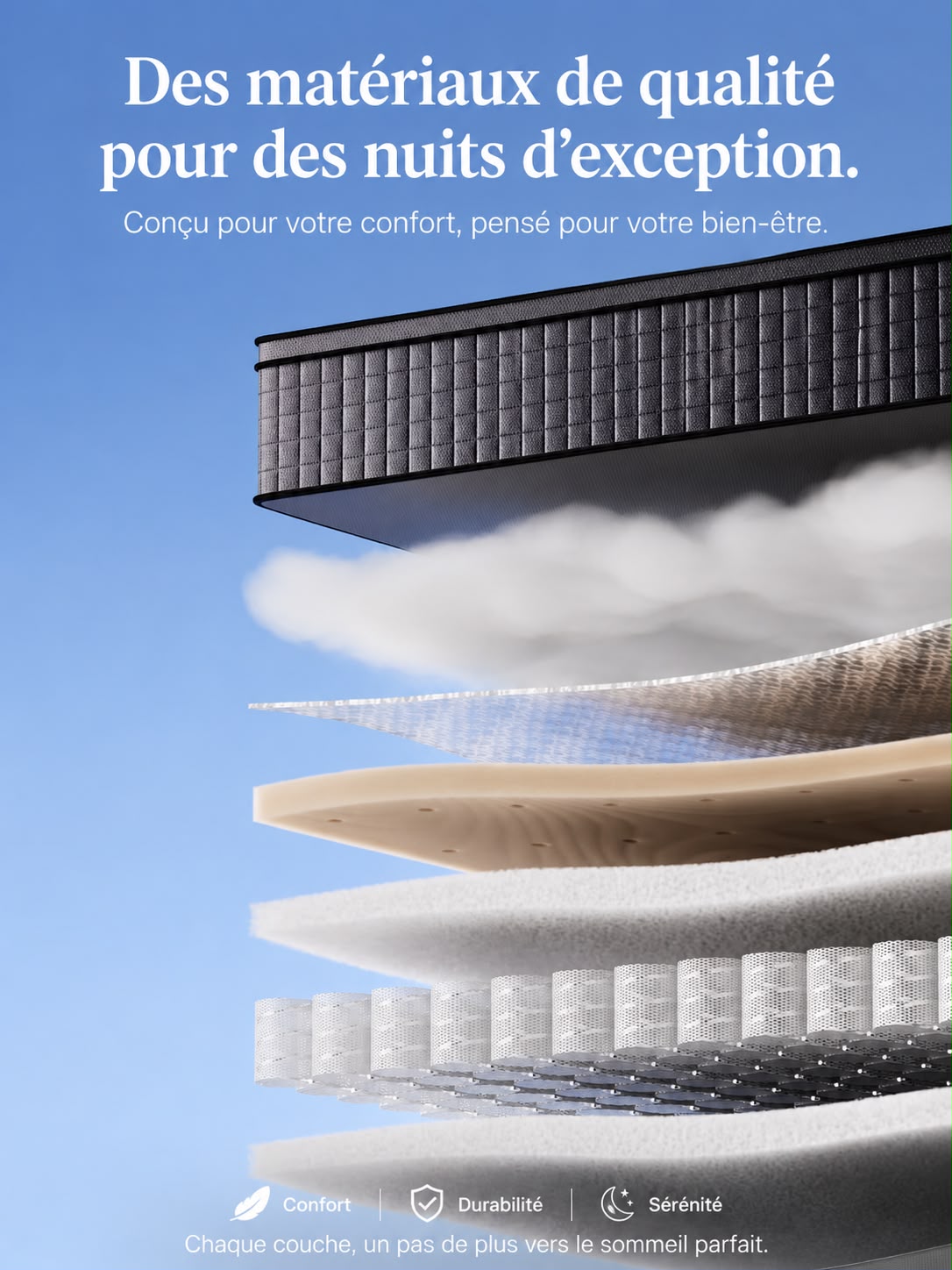 Vue éclatée des couches d'un matelas dans le ciel — des matériaux de qualité pour des nuits d'exception