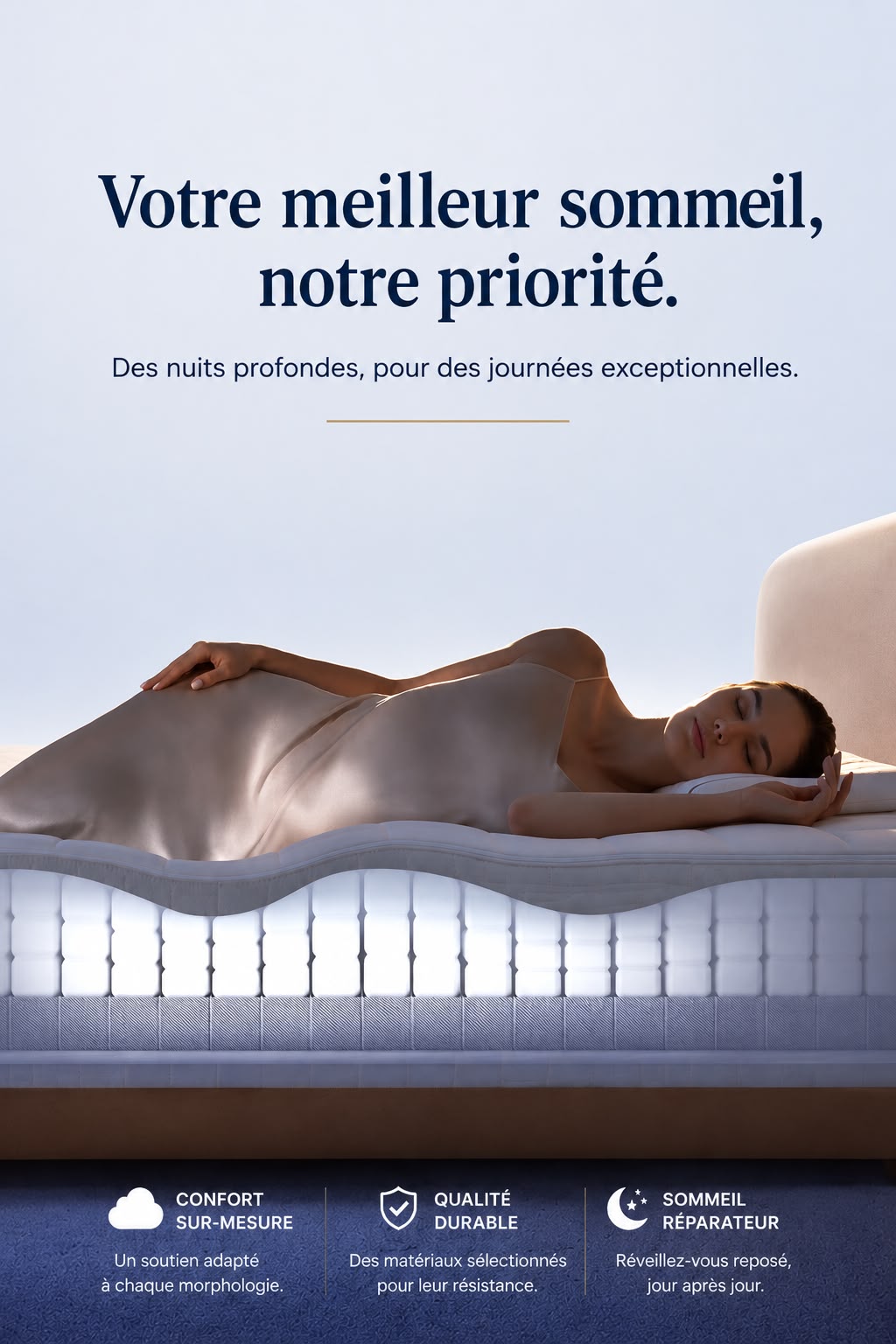 Femme endormie paisiblement sur un matelas en coupe — votre meilleur sommeil, notre priorité