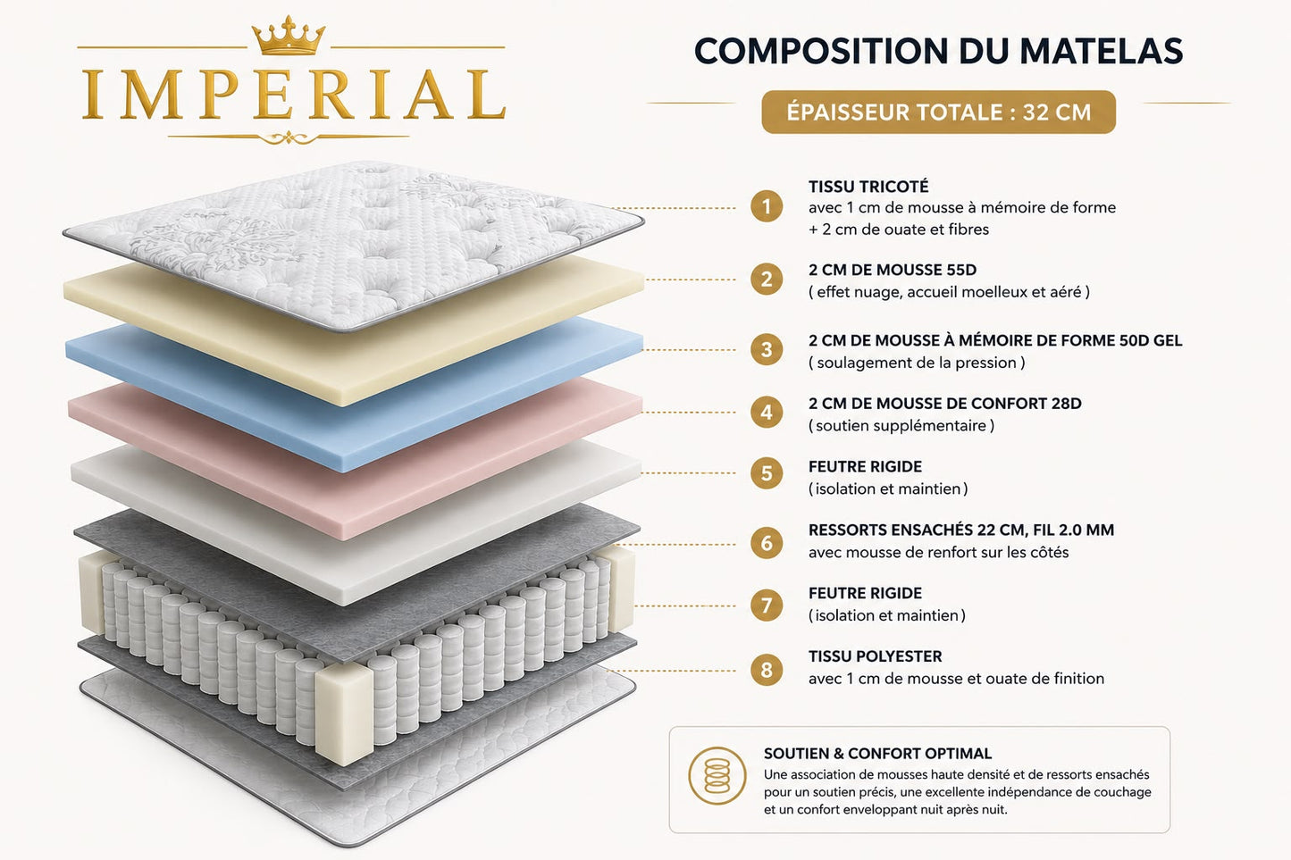 Infographie de la composition du matelas Imperial : les couches détaillées de ses 32 cm d'épaisseur