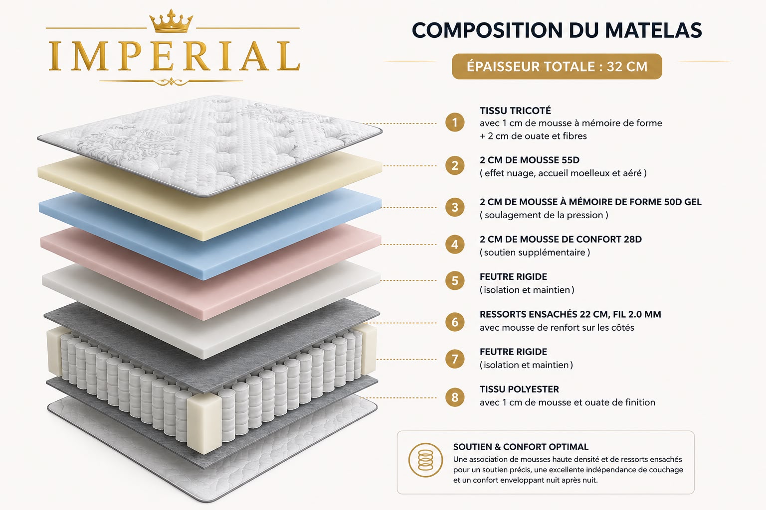 Infographie de la composition du matelas Imperial : les couches détaillées de ses 32 cm d'épaisseur