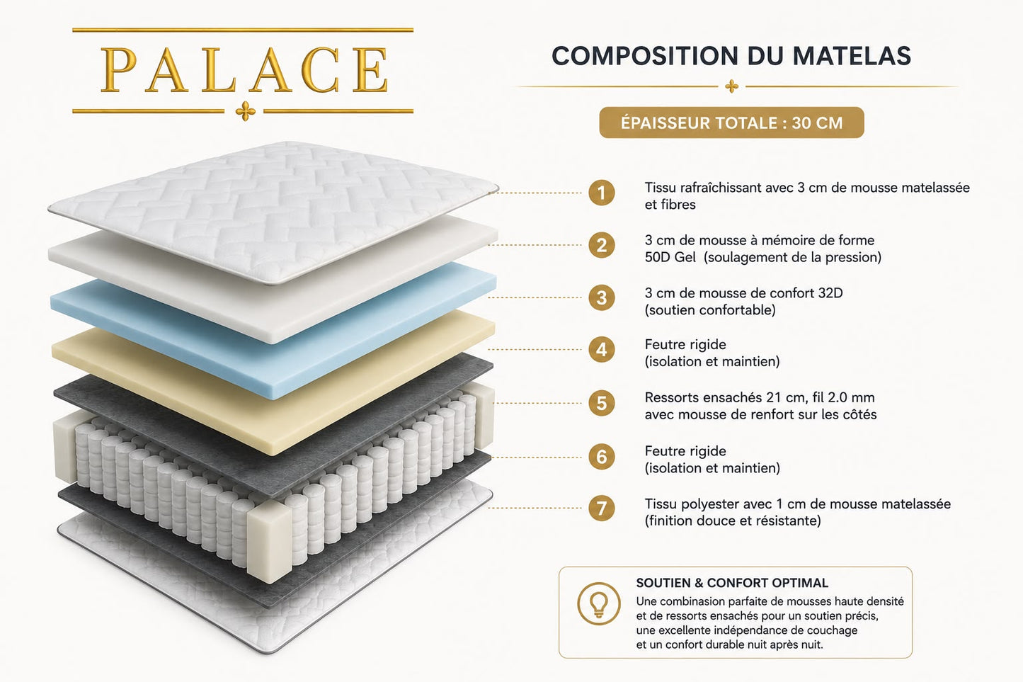 Infographie de la composition du matelas Palace : les couches détaillées de ses 30 cm d'épaisseur