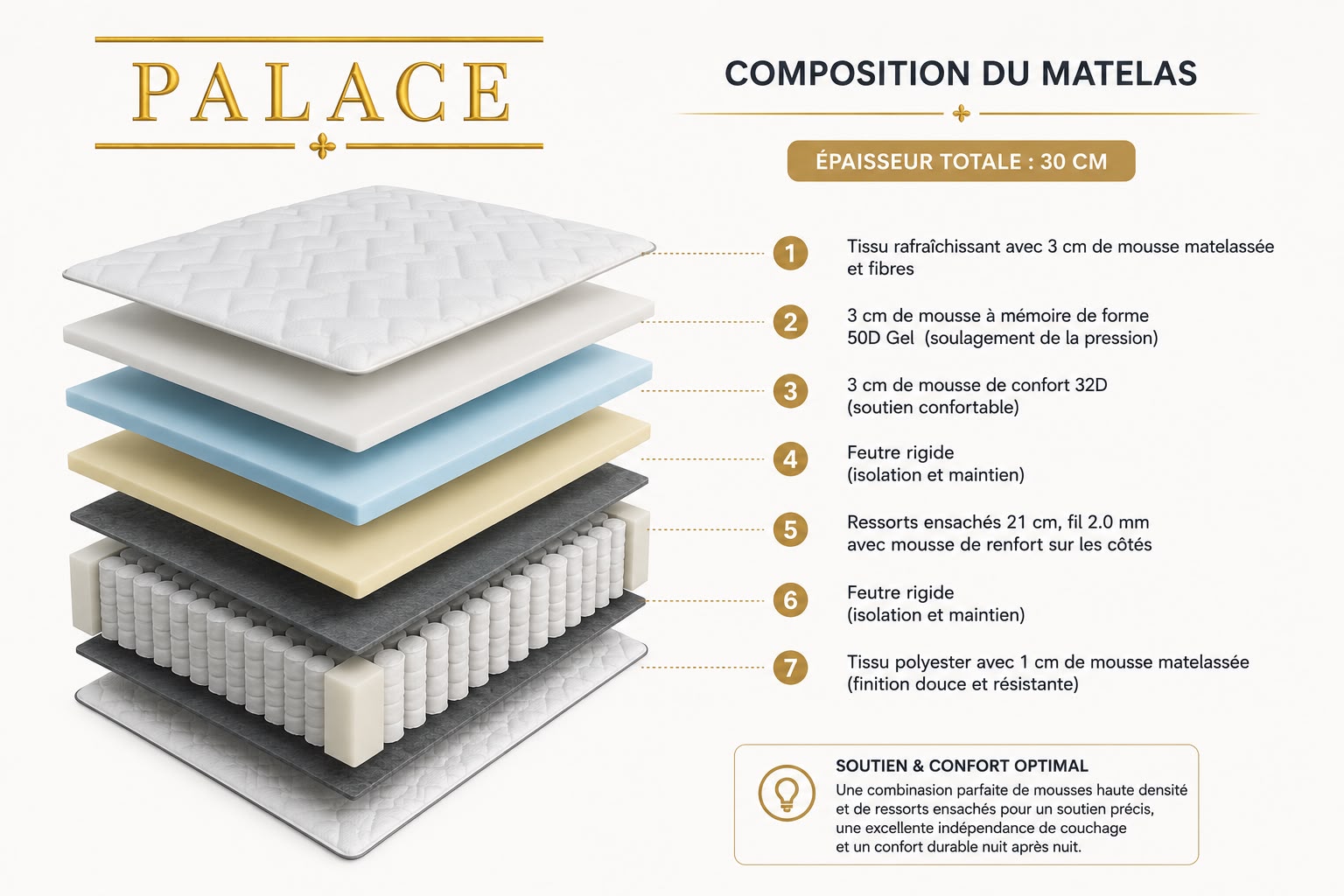 Infographie de la composition du matelas Palace : les couches détaillées de ses 30 cm d'épaisseur
